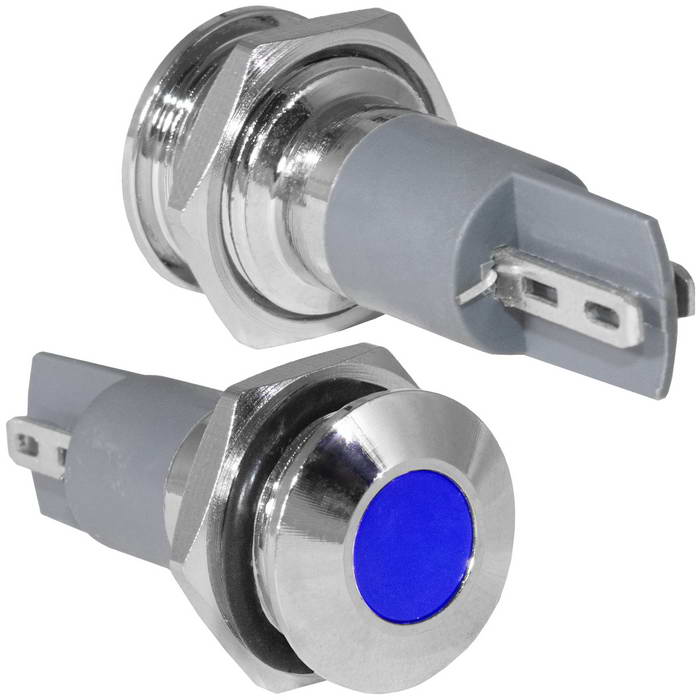 Индикатор антивандальный RUICHI GQ14PF-B, цвет синий, точечный излучатель, 12-24 В, 15 мА, гибкие выводы, никелированная латунь