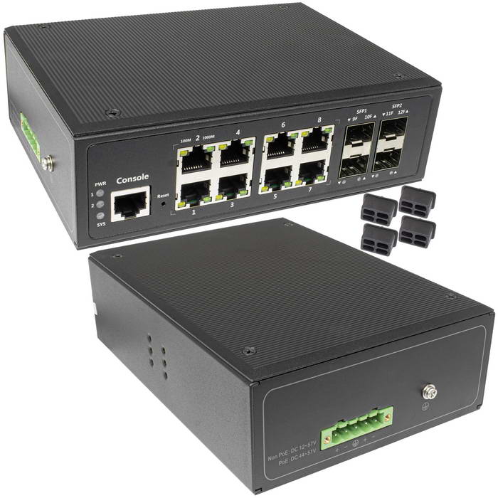 Промышленный управляемый L2+ коммутатор RU-SW-8G4S-L/I Gigabit Ethernet на 8GE PoE + 4 GE SFP порта. Порты: 8xGE (10/100/1000Base-T) + 4xGE SFP (1000Base-X). Поддержка режима увеличения расстояния передачи данных и питания до 250м.