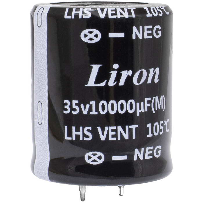 LHS1V103MR035K63B, конденсатор электролитический с жесткими выводами (Snap In) радиальный Liron, 10000 мкФ, 35 В, 30х35 мм, -40…+105 °C, наработка 2000 часов