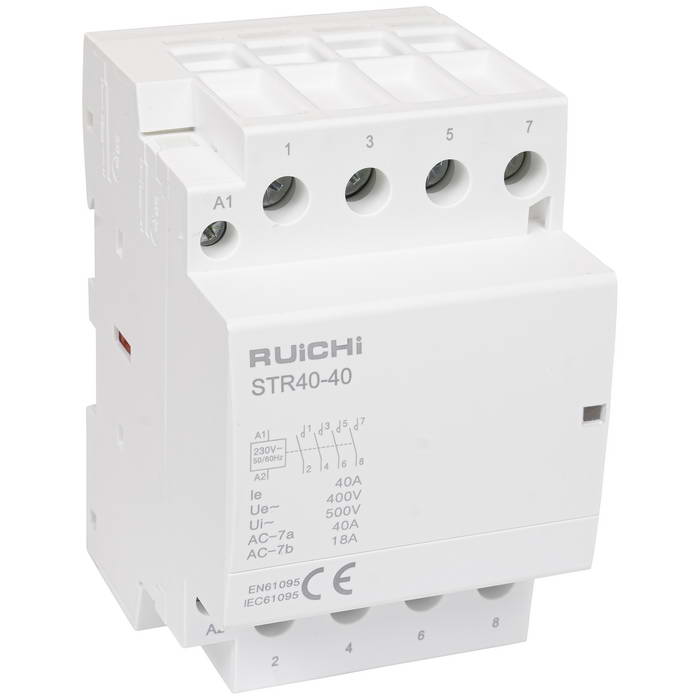 Модульный электронный контактор RUICHI STR40-40 4NO 40А 230В катушка, 500В, AC-7a/AC- 7b, DIN-рейка 35 мм, IP20