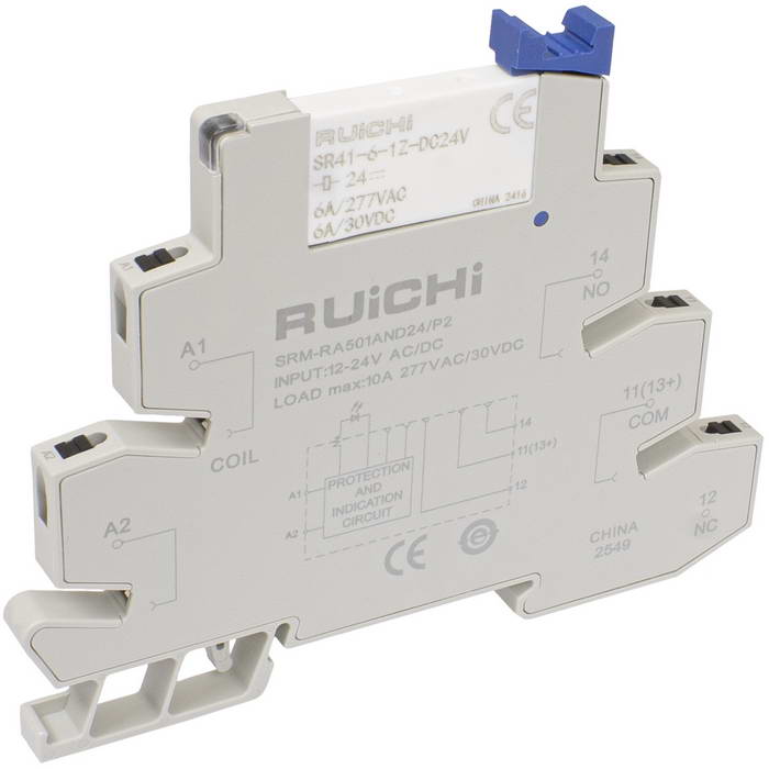 Интерфейсный модуль реле RUICHI SRM-RA501AND24/P2, 6 А, 12-24 В AC/DC, 1 перекидной контакт, моностабильное переключение, с колодкой, пружинный зажим