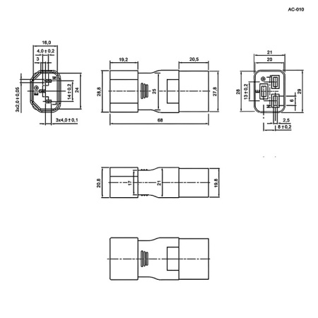 Переходник RUICHI AC-010 IEC-320 C14-C19, 3-х полюсной, 250 В, прямой