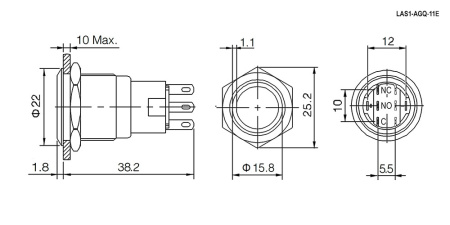 Кнопка антивандальная RUICHI LAS1-AGQ-11ZE/G/N, ON-ON, рабочая температура -25…+55 °C, никелированная латунь