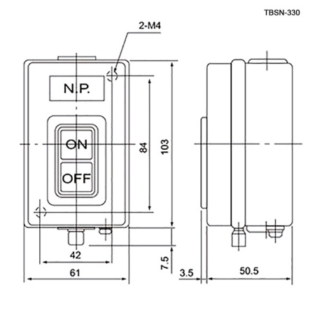 Кнопочный пост RUICHI GB7-B102, 2-х местный, N/C+N/O - пуск/остановка электрооборудования, IP40, 10 А, 103Х61х50.5 мм, открытой установки, серый, кнопка черная "ON", кнопка красная "OFF"