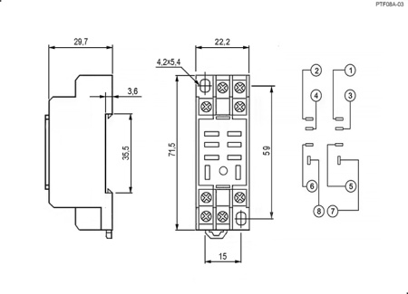Колодка для электромагнитного реле RUICHI PTF08A-03 колодка для 13F-1(2), 10 А, 250 В, 8 клемм, 20-16 AWG/0,5-1,5 мм?, -40…+70 °С