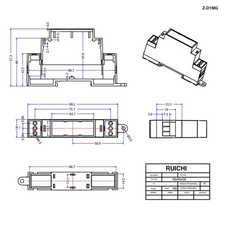 Пластиковый корпус на DIN-рейку RUICHI Z-D1MG, светло-серый, поликарбонат