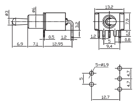 Микротумблер RUICHI MTS-102-C3-1, ON-ON, SPDT, 3 А, 250 В, 20 мОм, монтаж на плату, 3 контакта