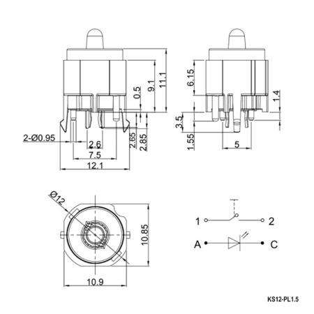 Миниатюрная кнопка без фиксации RUICHI KS12-PL1.5-BBR-5N-S, 4 контакта, круглая, корпус черный, кнопка черная с красной LED-лампой