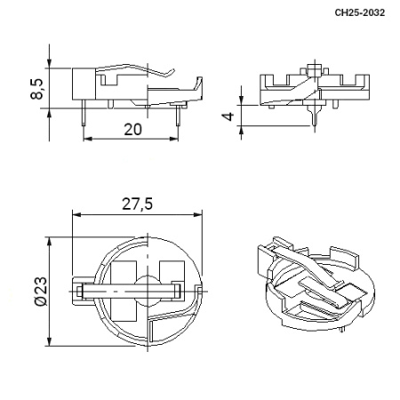 Батарейный отсек RUICHI CH25-2032, открытый