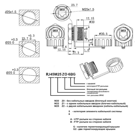 Разъём герметичный RUICHI RJ45M25Z0-6BG