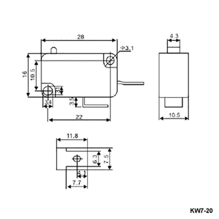Микропереключатель RUICHI KW7-20, 16х10.5х28 мм, OFF-(ON), 2P, 250 В, 5 А, 30 мОм, -25...+85 °C