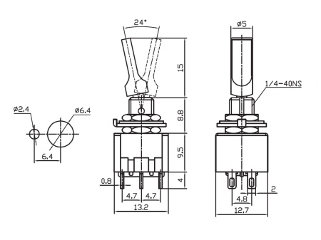 Микротумблер RUICHI MTS-203-E1, ON-OFF-ON, DPDT, 3 А, 250 В, 20 мОм, установочное отверстие 6,4 мм, 6 контактов красный колпачок