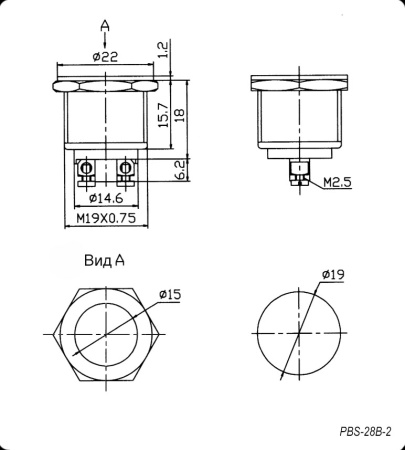 Кнопка антивандальная без подсветки RUICHI PBS-28B-2 off-(on), М19, IP65, никелированная латунь