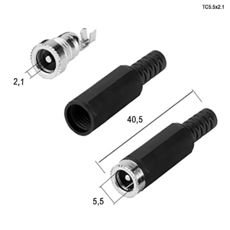 Разъём питания штырьковый RUICHI TC 5.5x2.1 мм Cable, на кабель