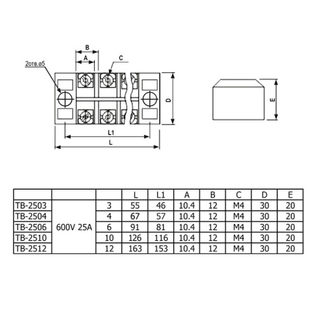 Клеммная колодка винтовая с крышкой RUICHI TB-2510, 20 контактов, М4, 25 А, 600 В, 10 AWG, 6 мм2, корпус пластик модифицированный