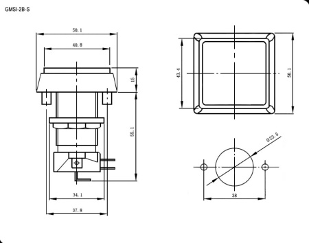 Кнопка GMSI квадратная RUICHI 2B-S с LED подсветкой 12 В, 5 А, 30 мОм, 250 В, NO(NC)+NC(NO), красная