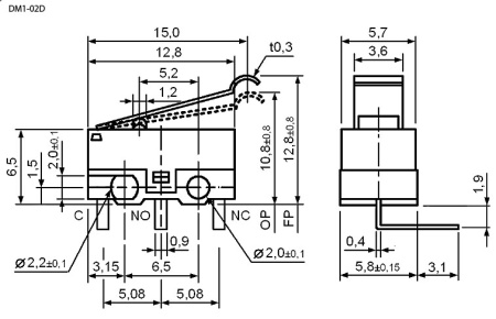 Микропереключатель с рычагом RUICHI DM1-02D-30G-G, ON-(ON) SPDT, 2 А, 125 В