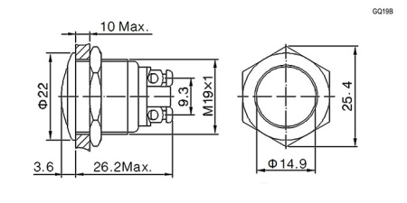 Кнопка антивандальная RUICHI GQ19B-10/N, OFF-(ON), рабочая температура -25…+55 °C, никелированная латунь