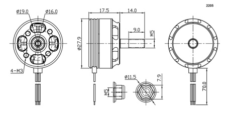 Электродвигатель бесщеточный RUICHI 2205 2300-RH, 2300 kV, диаметр вала с резьбой M5, гайка с прессшайбой, правое направление резьбы, цвет черный/красный