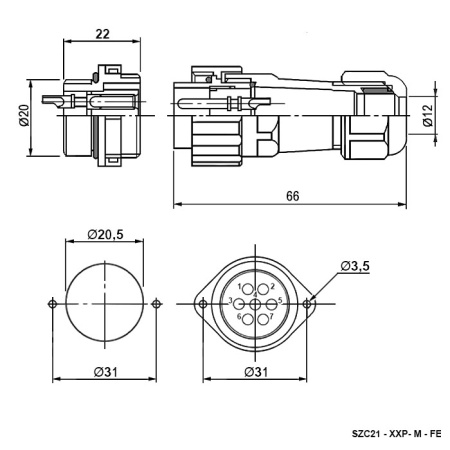 Разъём герметичный SZC21 6P-M-FE, 6 контактов