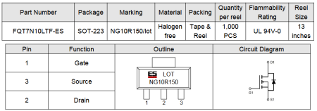 FQT7N10LTF HXY полевой транзистор (MOSFET), N-канал, 100 В, 4 А, 150 мОм, SOT-223