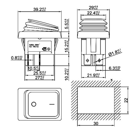Клавишный переключатель RUICHI SB092, IP65, ON-OFF, 22x30 мм