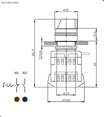 Переключатель поворотный RUICHI 3SA12-22E-11XB/21, 2 положения NO+NC, IP40, 10 А, 600 В, установочное отверстие 22 мм, винтовой зажим (4S)