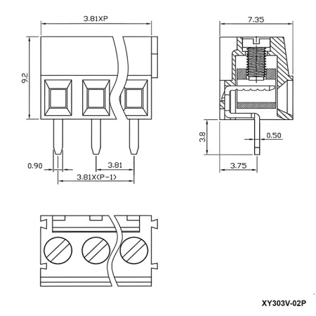 Винтовой модульный клеммный блок RUICHI XY303V-02P ( DG381-3.81-02P / GT381-3.81- 02P ), на плату, 2 контакта, шаг 3.81 мм