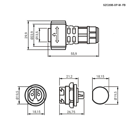 Герметичный разъем SZC, комплект, SZC20B-5P-M-FB, кабель-блок, ip67, 5 pin, байонетное соединение