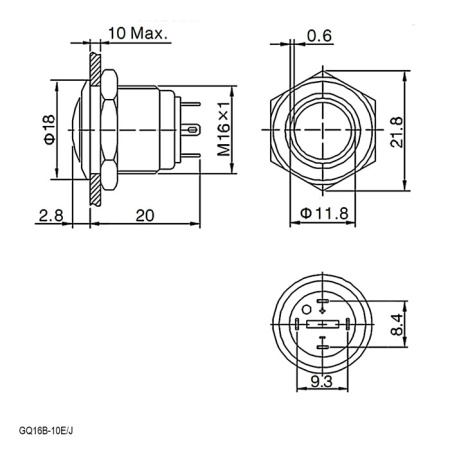 Кнопка антивандальная RUICHI GQ16B-10ZE/J/G/N, OFF-ON, рабочая температура -25…+55 °C, никелированная латунь