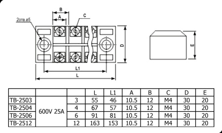 Клеммная колодка винтовая с крышкой RUICHI TB-2512, 24 контакта, М4, 25 А, 600 В, 10 AWG, 6 мм2, корпус пластик модифицированный