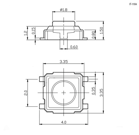 Тактовая кнопка RUICHI IT-1184, 3.35x3.35x1.5 мм, OFF-(ON), 50 мА, 12 В, 100 мОм