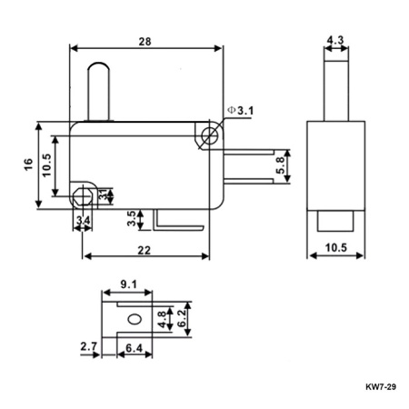 Микропереключатель с удлиненным штоком RUICHI KW7-29, 16х10.5х28 мм, ON-(ON), 3P, 250 В, 5 А, 30 мОм, -25...+85 °C
