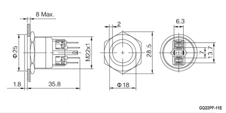 Кнопка антивандальная RUICHI GQ22PF-11E/B/N, ON-(OFF)+OFF-(ON), рабочая температура -25…+55 °C, никелированная латунь
