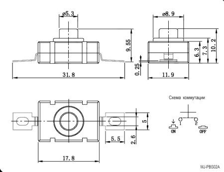 Кнопочный переключатель RUICHI MJ-PBS02A, ON-OFF, 1.5 А, 250 В