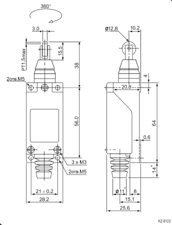 Выключатель путевой с вертикальным нажимным роликом RUICHI KZ-8122, NO-NC (4P), IP64, 5 А, 250 В, 15 мОм, корпус из сплава алюминия и цинка, головка пластмассовая, ролик из нерж. стали