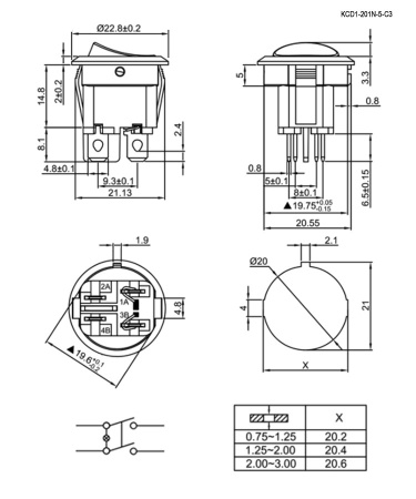 Клавишный переключатель RUICHI KCD1-201N-5-C3-R/4P, ON-OFF