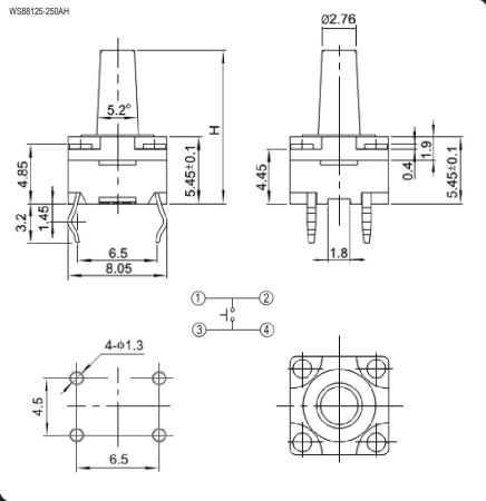 Тактовая кнопка пылевлагозащищенная RUICHI WS88125-250AH, 8х8х12.5 мм, OFF-ON (4Р), IP 67, 50 мА, 12 В, 100 мОм
