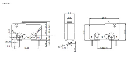 Микропереключатель RUICHI KW11-A-2, 10.6х6.4х19.8 мм, OFF-(ON), SPST 2P, 250 В, 5 А, 30 мОм, -25...+85 °C