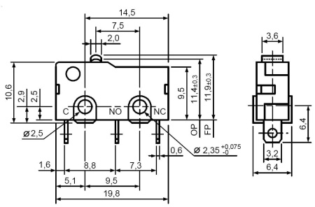 Микропереключатель RUICHI SM5-00N-115, ON-(ON) SPDT 3P, 3 А, 250 В