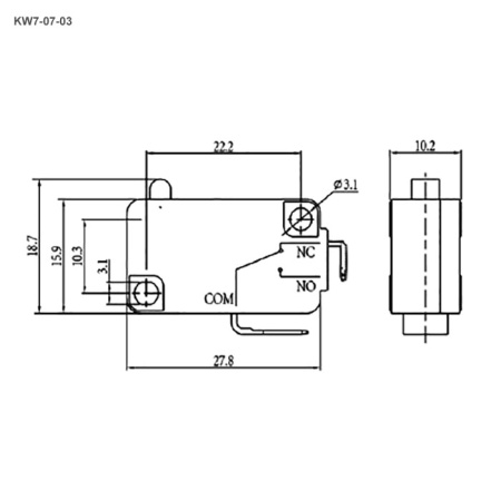 Микропереключатель RUICHI KW7-07-03, 15.9х10.2х27.8 мм, ON-(OFF), SPST 2P, 250 В, 5 А, 30 мОм, -25...+85 °C