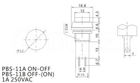 Кнопочный переключатель RUICHI PBS-11B, OFF-(ON), красный