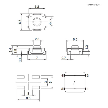 Тактовая кнопка RUICHI KAN0647-0341W, 6.5x6.2x2.5 мм