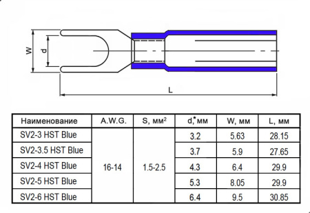 Наконечник кабельный вилочный изолированный RUICHI SV2-3.5 HST, 27 А, 16-14 AWG, синий, латунь луженая