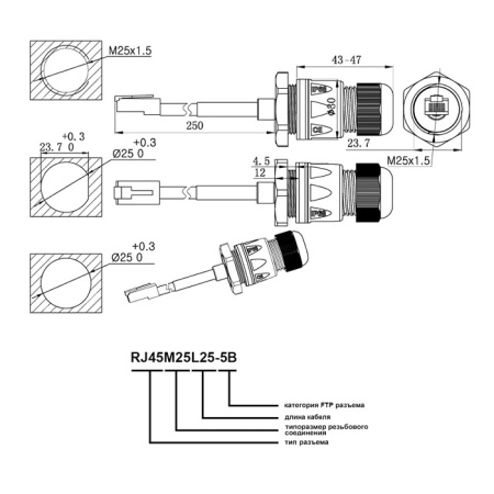Разъём герметичный SZC RJ45M25L25-5B