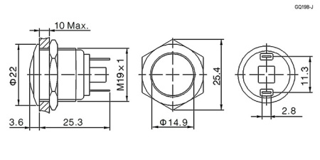 Кнопка антивандальная RUICHI GQ19B-10/J/N, OFF-(ON), рабочая температура -25…+55 °C, никелированная латунь