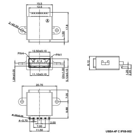 Разъём USBA-4F C IPX8-002, 4 контакта, 1.5 А, 30 В, корпус пластиковый черный с проушинами под крепление
