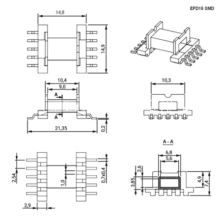 Каркас для катушки RUICHI EFD15 SMD количество выводов 10 монтаж SMD