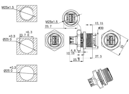 Разъём герметичный RUICHI M25USBZ0-3.0, 4.8 Гб/с