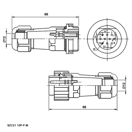 Разъём герметичный SZC21 10P-F-M, 10 контактов